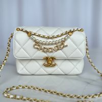 Chanel AS4986 Mini Flap Bag with Sparkling Lettering and Pearls Handle in Shiny Lambskin White