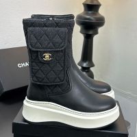 Chanel Platform Ankle Boots with Flap Pocket Women in Quilted Denim and Calfskin Black