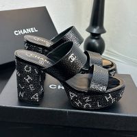 Chanel Platform Heeled Slides with Strass Logo Women in Patent Leather Black