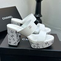 Chanel Platform Heeled Slides with Strass Logo Women in Patent Leather White