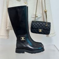 Chanel Platform High Boots with CC Buckle Women in Calfskin Black