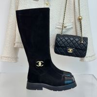 Chanel Platform High Boots with CC Buckle Women in Suede Black