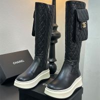 Chanel Platform High Boots with Flap Pocket Women in Quilted Calfskin Black