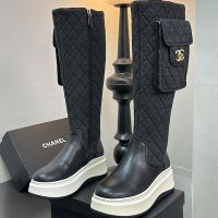 Chanel Platform High Boots with Flap Pocket Women in Quilted Denim and Calfskin Black
