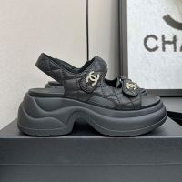 Chanel Platform Sandals with Strass Logo Velcro Strap Women in Quilted Lambskin Black