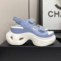 Chanel Platform Sandals with Velcro Strap Women in Quilted Calfskin Blue