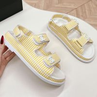Chanel Platform Sandals with Velcro Strap Women Striped Fabric Orange