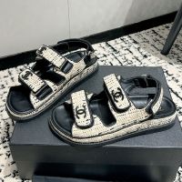 Chanel Platform Sandals with Velcro Strap Women Woven and Calfskin Beige