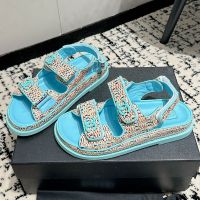 Chanel Platform Sandals with Velcro Strap Women Woven and Calfskin Sky Blue