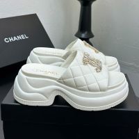 Chanel Platform Slides with Crystals Logo Women in Quilted Lambskin White