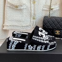 Chanel Platform Slides with Logo Patch and Floral Print Women in Canvas Black