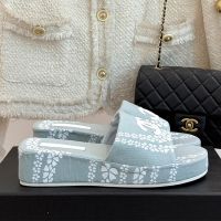 Chanel Platform Slides with Logo Patch and Floral Print Women in Canvas Light Blue