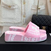 Chanel Platform Slides with Logo Patch and Floral Print Women in Canvas Pink