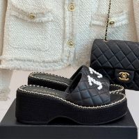 Chanel Platform Slides with Pearls Logo and Woven Chain Women in Quilted Calfskin Black