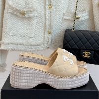 Chanel Platform Slides with Pearls Logo and Woven Chain Women in Quilted Calfskin Brown