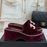 Chanel Platform Slides with Pearls Logo and Woven Chain Women in Quilted Silk Burgundy