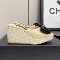 Chanel Platform Slides with Strass Logo Bow Women in Lambskin Khaki