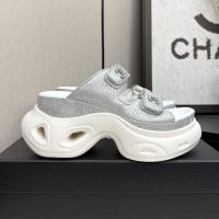 Chanel Platform Slides with Velcro Strap Women in Crack Calfskin Grey