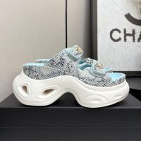 Chanel Platform Slides with Velcro Strap Women in Python-Like Leather Blue
