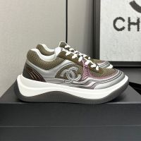 Chanel Platform Sneakers with Interlocking CC Logo Women in Fabric and Laminated Silver/Olive