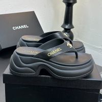 Chanel Platform Thongs Slides with Strass Logo Women in Lambskin Black