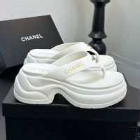 Chanel Platform Thongs Slides with Strass Logo Women in Lambskin White