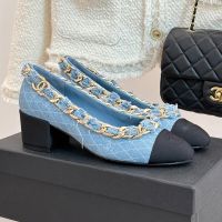 Chanel Pumps with Large Woven Chain Women in Denim and Grosgrain Blue