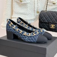 Chanel Pumps with Large Woven Chain Women in Denim and Grosgrain Navy Blue