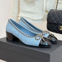 Chanel Pumps with Woven Chain Bow Women in Quilted Denim and Patent Leather Blue