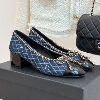 Chanel Pumps with Woven Chain Bow Women in Quilted Denim and Patent Leather Navy Blue