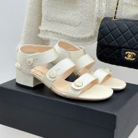 Chanel Sandals with Enamel Logo Buttons Women in Grosgrain Beige