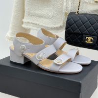 Chanel Sandals with Enamel Logo Buttons Women in Grosgrain Grey