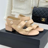 Chanel Sandals with Enamel Logo Buttons Women in Lambskin Apricot