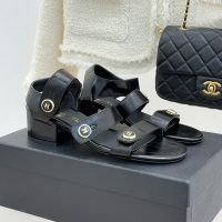Chanel Sandals with Enamel Logo Buttons Women in Shiny Calfskin Black