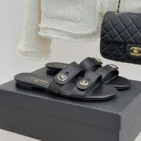 Chanel Slides with Enamel Logo Buttons Women in Lambskin Black