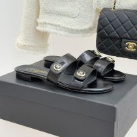 Chanel Slides with Enamel Logo Buttons Women in Shiny Calfskin Black