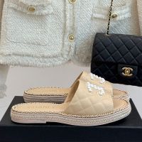 Chanel Slides with Pearls Logo and Woven Chain Women in Quilted Calfskin Brown