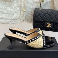 Chanel Slides with Strass Women in Raffia and Calfskin Brown