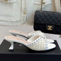 Chanel Slides with Strass Women in Raffia and Calfskin White