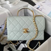 Chanel AS4008 Flap Bag with Top Handle in Grained Calfskin Blue