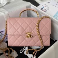 Chanel AS4008 Flap Bag with Top Handle in Grained Calfskin Pink