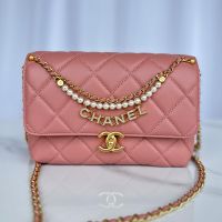 Chanel AS5011 Small Flap Bag with Sparkling Lettering and Pearls Handle in Shiny Lambskin Cherry