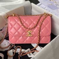 Chanel AS2649 Small Flap Bag with Sphere Ball Strap in Shiny Calfskin Pink