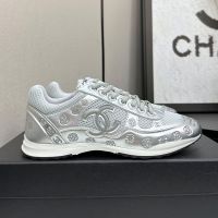 Chanel Sneakers with Allover Logo Embossing Women in Calfskin and Mesh Silver