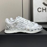 Chanel Sneakers with Allover Logo Embossing Women in Calfskin and Mesh Silver/White