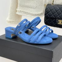 Chanel Thin Strap Chunky Heel Slides with Metal CC Logo Women in Lambskin Blue