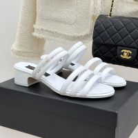 Chanel Thin Strap Chunky Heel Slides with Metal CC Logo Women in Lambskin White