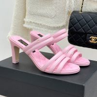 Chanel Thin Strap Heeled Slides with Metal CC Logo Women in Lambskin Pink