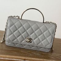 Chanel 66008 Clutch with Metal Enamel Handle in Grained Calfskin Grey