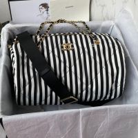 Chanel AS4696 Coco Beach Large Bowling Bag in Stripes Printed Fabric White